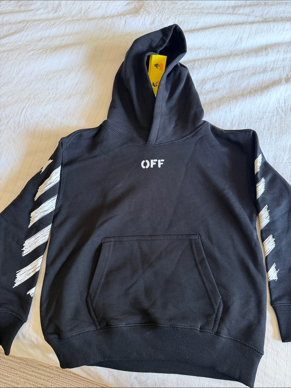 Off-White Black Hoodie with White Brushstroke Sleeves - Kids Crewneck